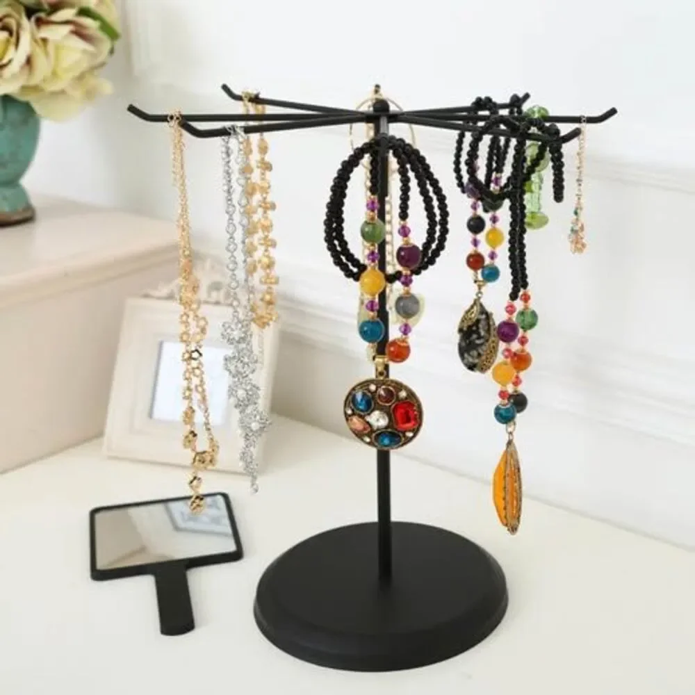 MyGift 8 Hook Adjustable Height Black Metal Rotating Jewelry Display Tower Stand